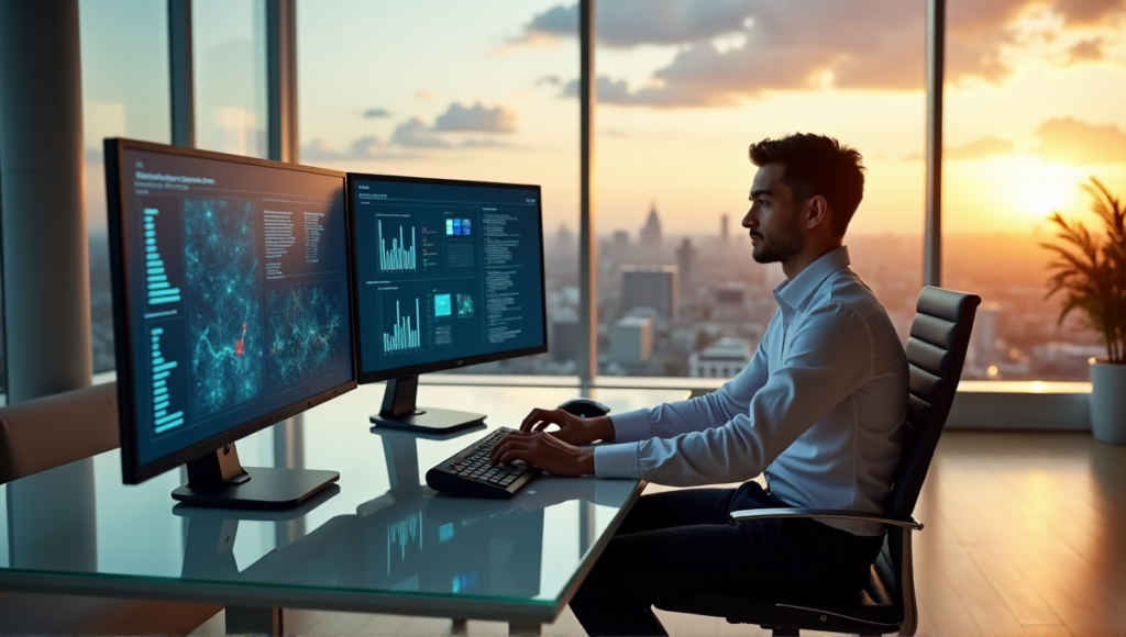 "A young professional sits confidently at a high-tech desk, navigating AI-powered project management tools with calm focus."