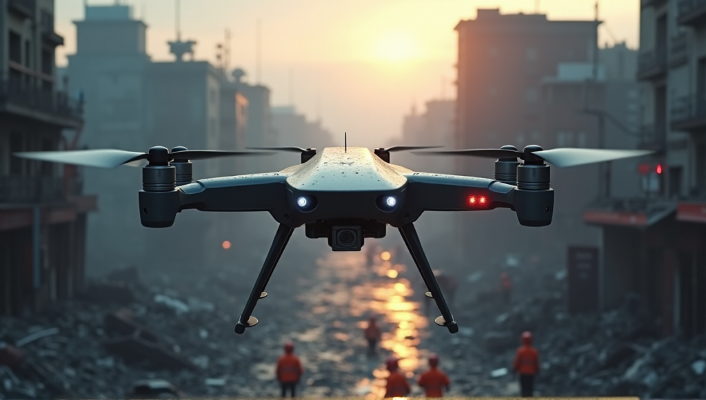 "Rescue drone hovers over devastated cityscape, scanning rubble-strewn streets with AI-powered navigation system, amidst emergency responders and dawn breaking."