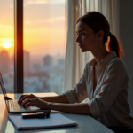 "Unlock Everyday Efficiency with Top AI Tools for Seamless Productivity and Business Growth: Enhancing Your Personal Goals" "A young professional woman sits at a minimalist desk surrounded by cutting-edge AI tools, typing on a high-end laptop with focused expression, amidst a serene cityscape at sunset."