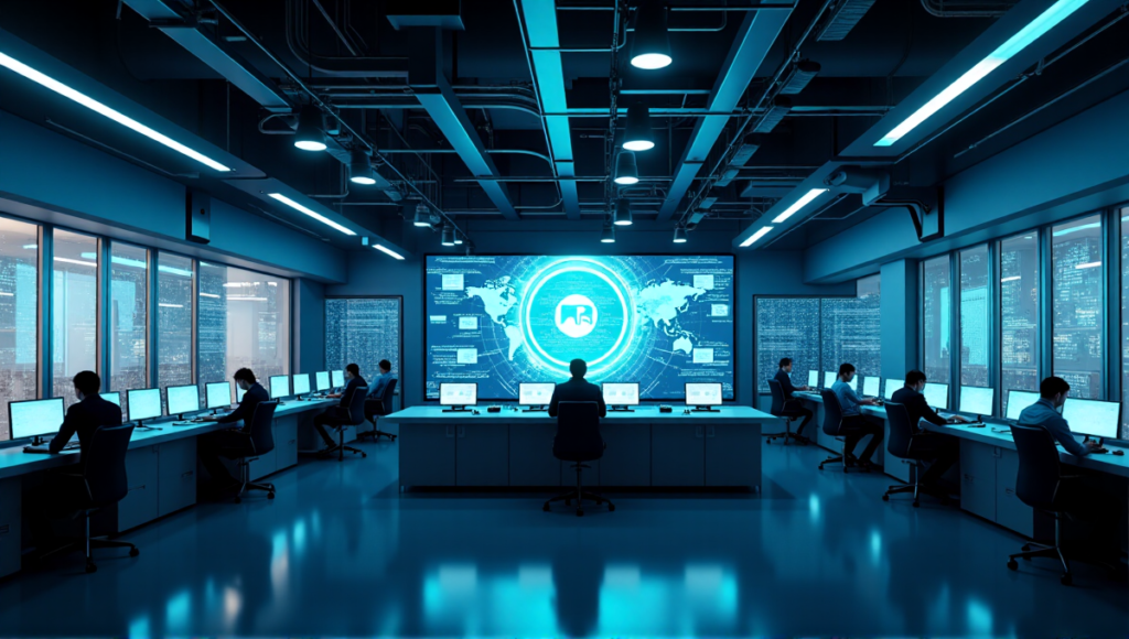 "A control room with a large high-resolution screen displaying 3D data visualization of AI automation solutions integrating with each other, surrounded by humming servers and state-of-the-art equipment."