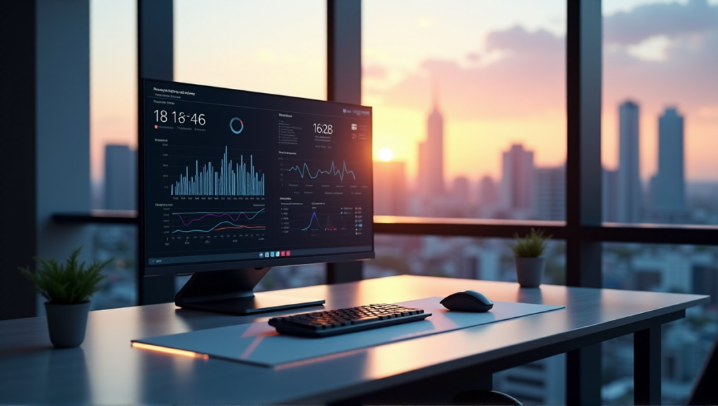 "A modern office workspace featuring a sleek desk setup with an AI-powered quality control system, highlighting the potential of AI Automation Solutions to boost business productivity."