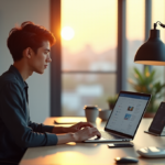 "A young professional sits at a minimalist desk surrounded by high-tech devices, focused on an organized email inbox with integrated AI tools, showcasing streamlined productivity through AI Automation Solutions."