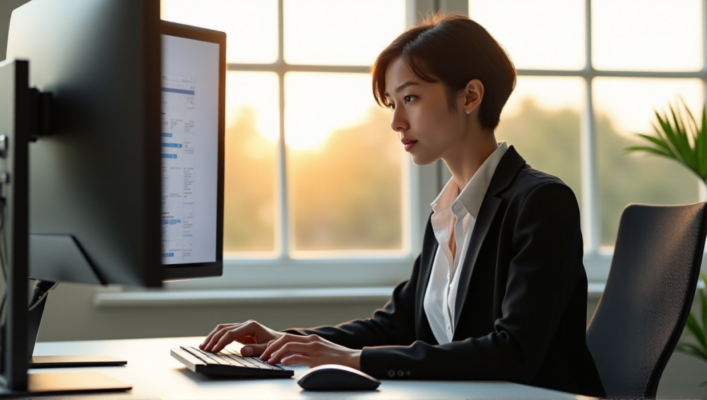 "A young professional woman sits at a modern desk, surrounded by AI-driven task management software, with a wireless keyboard and mouse nearby, exuding confidence and control."