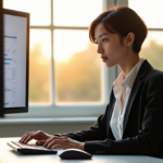 "Boost Your Personal Efficiency with AI-Driven Task Management Solutions" "A young professional woman sits at a modern desk, surrounded by AI-driven task management software, with a wireless keyboard and mouse nearby, exuding confidence and control."