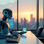 "Boost Task Efficiency with AI-Driven Techniques: How AI Improves Task Resource Allocation" "A futuristic office scene featuring a sleek AI robot on a minimalist desk, surrounded by high-resolution screens displaying task allocation graphs and charts, with a cityscape at dusk in the background."