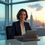 Maximize Campaign ROI with AI-Driven Marketing Strategies "A middle-aged marketing executive sits confidently at a modern desk in a high-tech office, surrounded by data analytics screens and a tablet, with a city skyline visible through floor-to-ceiling windows."