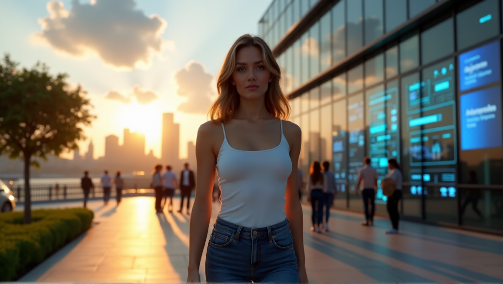 "A young woman wearing a smartwatch walks towards the camera under golden hour light, with a futuristic cityscape visible through high-rise building windows in the background."