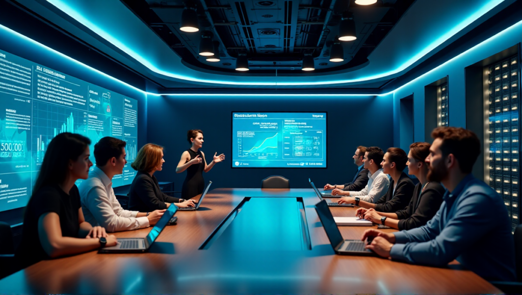 "A futuristic customer service call center with a diverse team analyzing data on high-resolution devices, surrounded by AI-powered equipment and state-of-the-art servers in a modern control room."