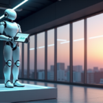 "Boost Task Efficiency with AI-Driven Techniques: How AI Optimizes Task Allocation" "A sleek robotic assistant stands on a pedestal in front of a glass wall, displaying AI-driven task allocation and optimization graphs on its central screen."