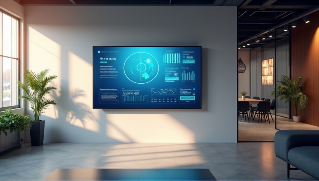 "A modern customer service center featuring a large touchscreen display showcasing an interactive dashboard with real-time analytics and AI-powered insights, surrounded by minimalist decor and natural light."