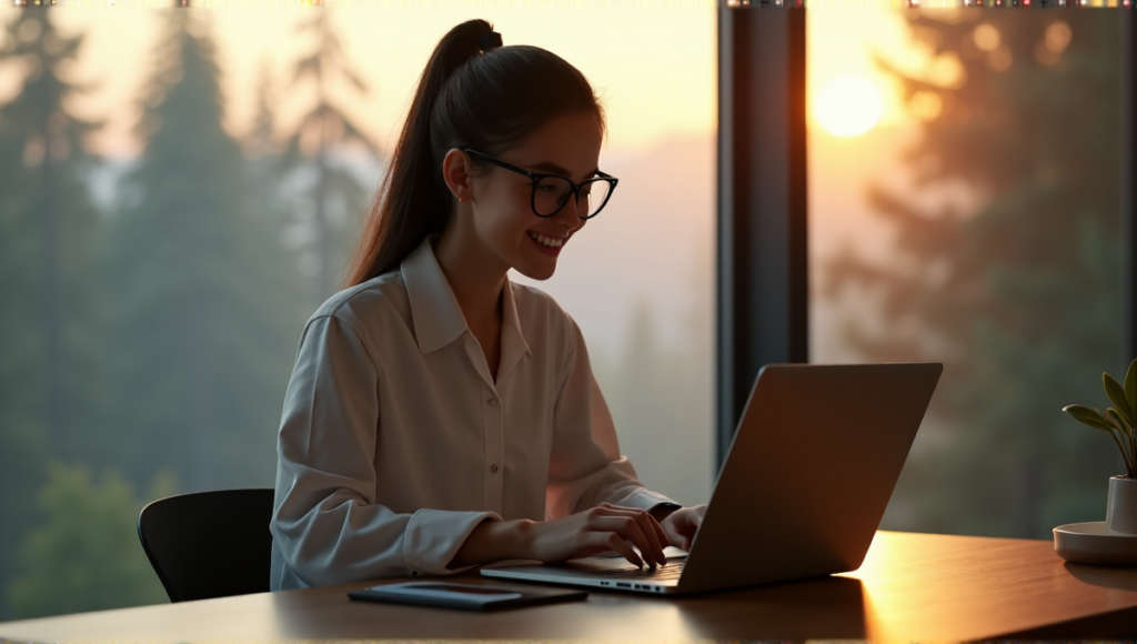 "A young woman sits at a minimalist desk, surrounded by calm focus, using an ai-powered task management app on her laptop."