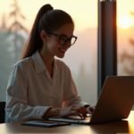 How to Unlock Your Full Potential with AI-Driven Personal Efficiency Tools "A young woman sits at a minimalist desk, surrounded by calm focus, using an ai-powered task management app on her laptop."