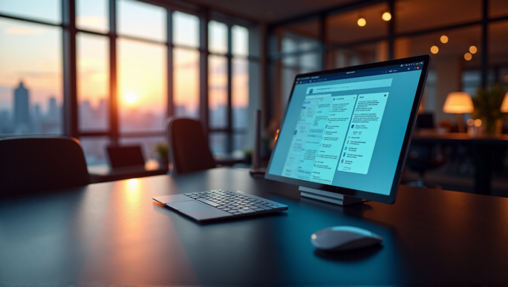 "A sleek modern office desk with a large touchscreen display showcasing AI-powered task management tools, surrounded by a well-lit office space with a serene cityscape view at sunset."