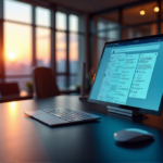 AI-Powered Task Management: Unlock Seamless Efficiency with AI-Driven Techniques "A sleek modern office desk with a large touchscreen display showcasing AI-powered task management tools, surrounded by a well-lit office space with a serene cityscape view at sunset."