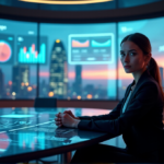 "Image of a futuristic marketing control room with a female executive surrounded by AI-powered campaign dashboards and strategy maps, showcasing AI Automation Solutions in action."