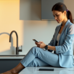 "A young woman sits on a marble countertop in a modern kitchen surrounded by AI-powered gadgets, wearing a light blue business suit and gazing at her smartwatch displaying daily schedule and reminders."