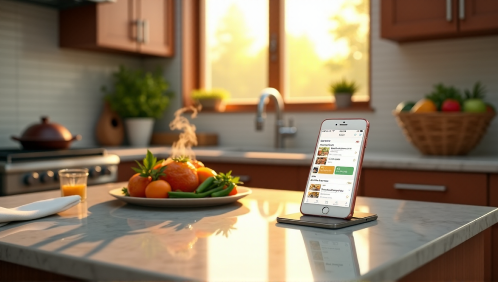 "A serene kitchen scene featuring a smartphone displaying AI-powered meal planning app with recipe options, grocery lists, and a perfectly set table for home-cooked meal."