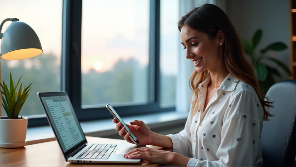 "A young woman sits at a home office desk surrounded by AI-powered tools, smiling as she views her smartphone calendar with reminders and tasks, amidst a well-lit room with natural light pouring through a large window."