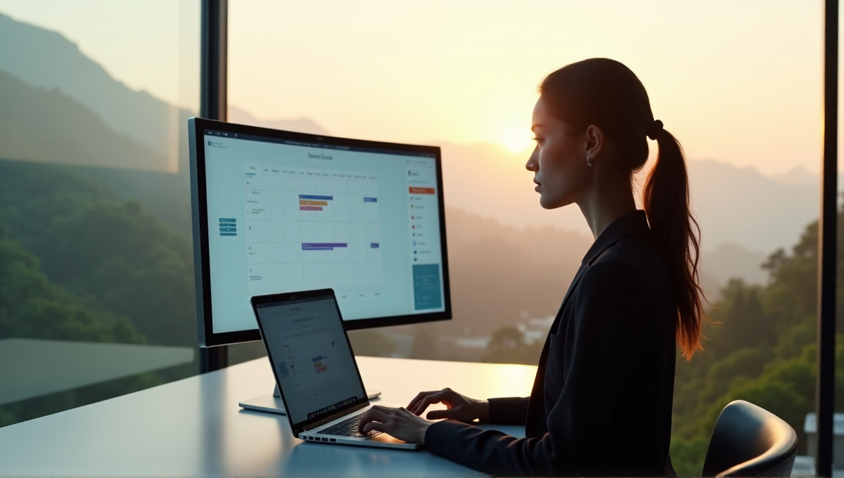 A young professional woman efficiently manages her time using AI-driven tools in a futuristic smart home environment with a serene landscape view outside.