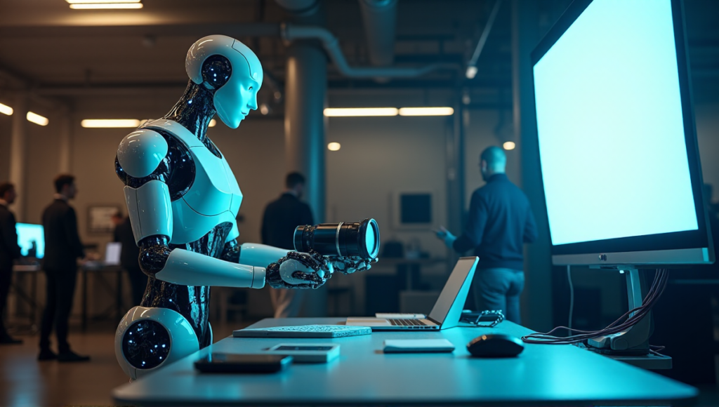 "A futuristic film production studio showcasing an AI-powered robotic arm seamlessly integrating into workflow with AI automation solutions."