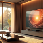 Top AI Innovations Revolutionizing Daily Life in Personal Entertainment Systems "An AI-powered smart TV dominates a modern living room with plush couches and minimalist decor, showcasing AI-generated art in warm golden light."