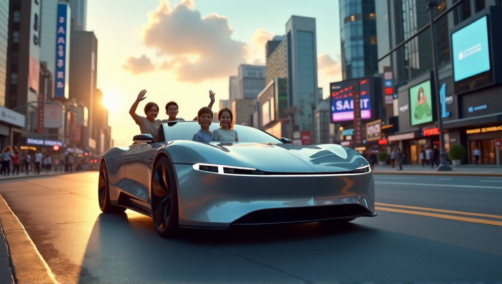 "A sleek silver self-driving car on a city street with a young family enjoying their AI-automated ride amidst a vibrant urban landscape."