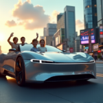 AI Innovations Enhance Daily Life with Smart Transportation Solutions "A sleek silver self-driving car on a city street with a young family enjoying their AI-automated ride amidst a vibrant urban landscape."