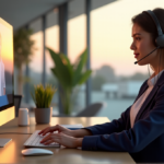 "Unlock Exceptional Customer Experiences with AI-Powered Customer Service Solutions" "A serene customer service center scene featuring a woman attentively listening to a client via headset, surrounded by AI-powered chatbots and virtual assistants."