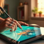 "An artist's pale hands with silver rings hold a digital tablet, creating a surreal landscape with AI-generated brushstrokes against a warm studio background."