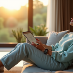 How to Achieve Better Work-Life Balance with AI-Powered Personal Efficiency Tools "A woman relaxes on a modern couch surrounded by AI-powered tools, including a smartwatch, tablet, and robot vacuum cleaner, conveying serenity with AI automation solutions."