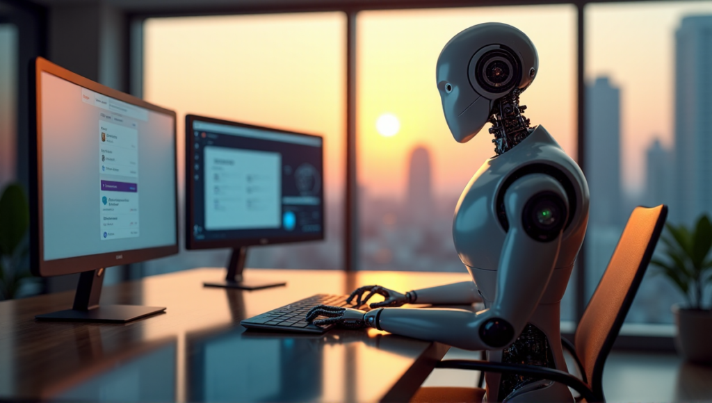 "A futuristic home office scene featuring a sleek robotic assistant surrounded by AI app interfaces on multiple computer monitors, with a cityscape at sunset in the background."