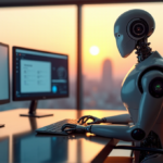 "Top AI Apps for Boosting Home and Work Productivity in 2025" "A futuristic home office scene featuring a sleek robotic assistant surrounded by AI app interfaces on multiple computer monitors, with a cityscape at sunset in the background."