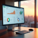 "Unlock Marketing Efficiency with AI Solutions for Smarter Campaigns and Better ROI" "A high-resolution marketing dashboard on a touchscreen monitor in a modern office, showcasing key performance indicators with vibrant colors and animations, reflecting AI Automation Solutions' impact on business success."