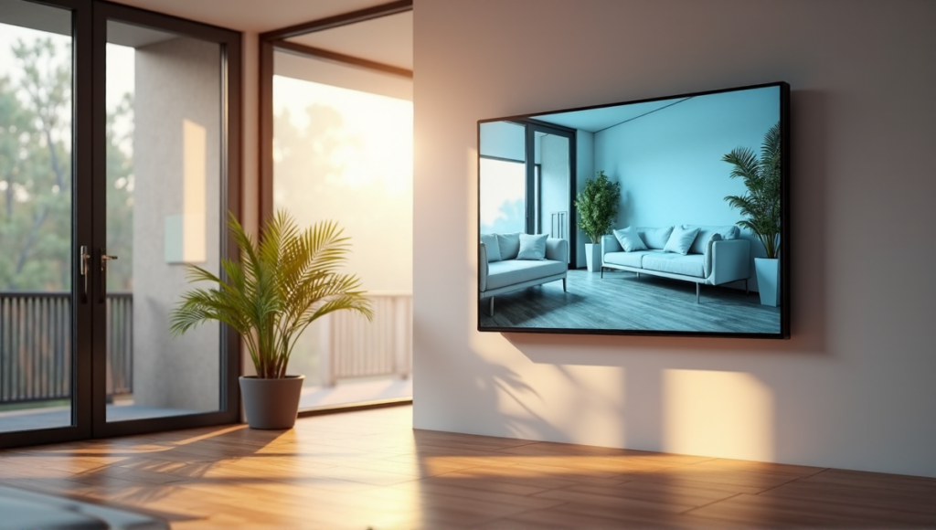 "A modern smart home with a large touchscreen display showcasing a virtual living room, surrounded by serene blue hues and warm golden lighting."