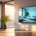 "Revolutionize Home Maintenance with Top AI Innovations for Effortless Efficiency" "A modern smart home with a large touchscreen display showcasing a virtual living room, surrounded by serene blue hues and warm golden lighting."