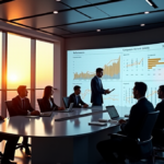 "Unlock Targeted Campaign Success with AI-Powered Marketing Strategies" A high-tech marketing control room with professionals analyzing data on an AI-powered campaign dashboard, surrounded by modern amenities and a cityscape view at sunset.