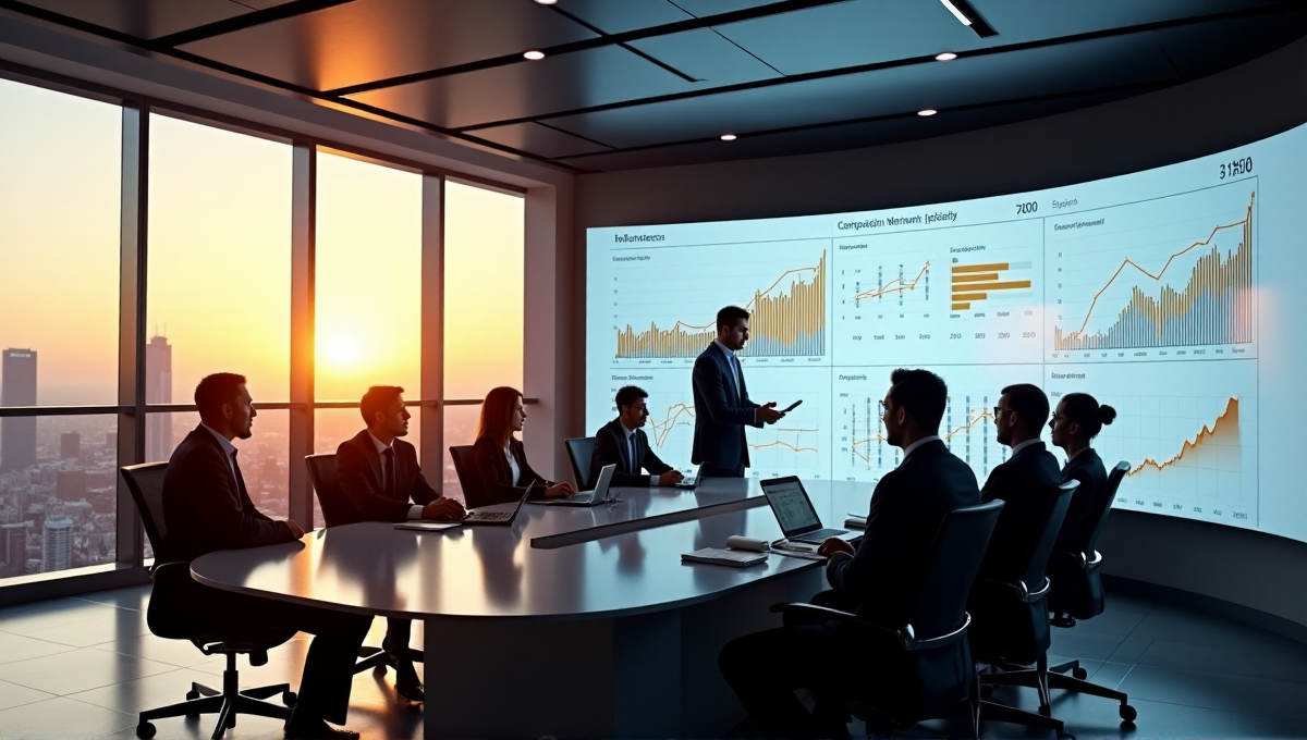 A high-tech marketing control room with professionals analyzing data on an AI-powered campaign dashboard, surrounded by modern amenities and a cityscape view at sunset.