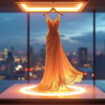 "An AI-powered 3D printer creates a futuristic evening gown in a sleek studio amidst cityscape at dusk, showcasing innovation through AI Automation Solutions."