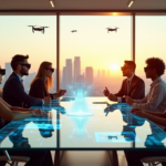 The Future of Business Productivity in 2025: Top AI Innovations for Smarter Workflows "A futuristic office space with diverse individuals wearing AR glasses, collaborating around a glass conference table amidst virtual holographic displays and AI-powered interactive tools, symbolizing business productivity through AI Automation Solutions."