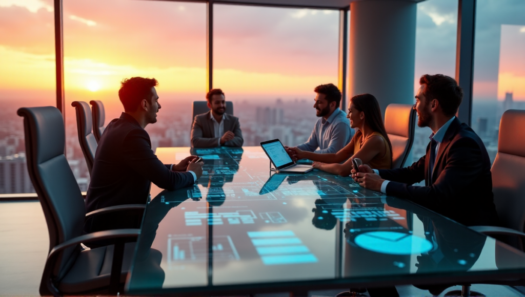 "Group of diverse professionals collaborating around a sleek glass conference table with AI-powered tools and devices, surrounded by floor-to-ceiling windows offering a cityscape view at sunset."