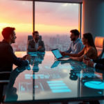 "Group of diverse professionals collaborating around a sleek glass conference table with AI-powered tools and devices, surrounded by floor-to-ceiling windows offering a cityscape view at sunset."