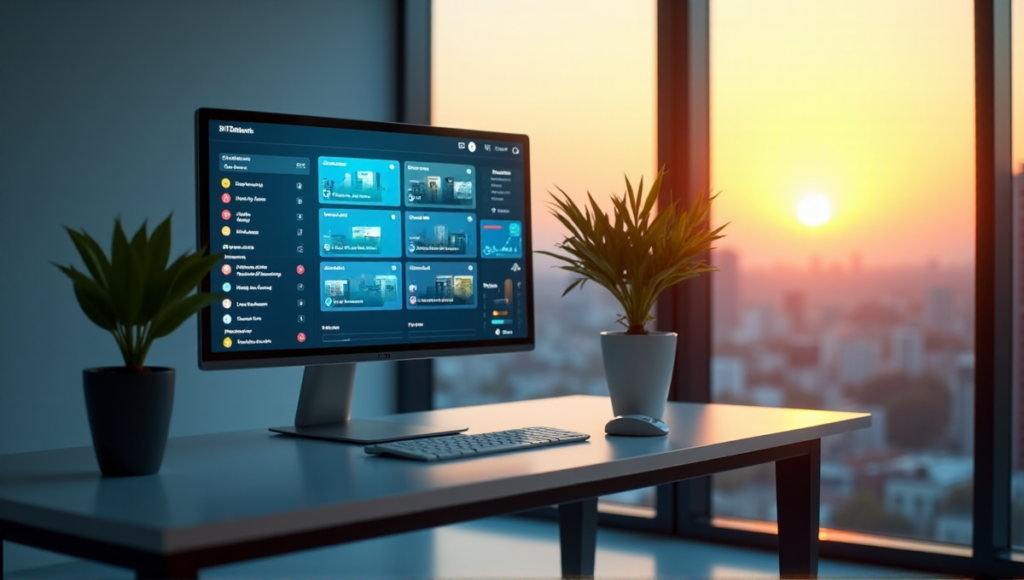 "A modern office scene featuring a sleek desk with a high-resolution touchscreen monitor displaying an AI-powered task management interface, surrounded by calming blue hues and natural elements."