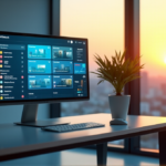 AI-Powered Task Management: Simplify Priorities with Intelligent Automation "A modern office scene featuring a sleek desk with a high-resolution touchscreen monitor displaying an AI-powered task management interface, surrounded by calming blue hues and natural elements."