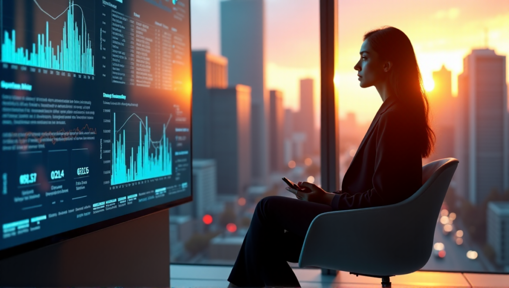 "A marketing executive studies AI-driven customer data analytics on a high-resolution screen amidst a cityscape at sunset, leveraging AI automation solutions."