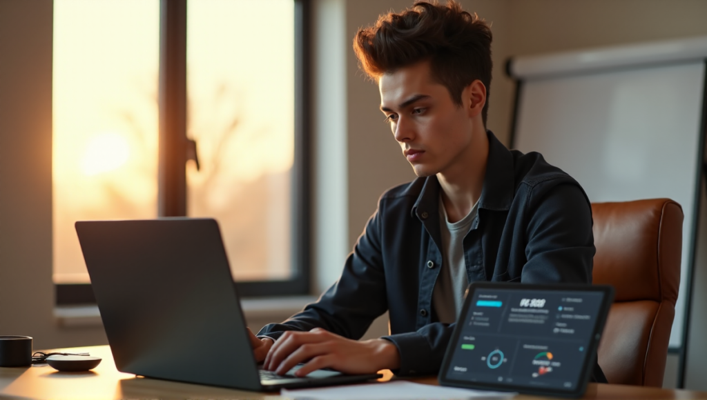 "A young professional sits in a minimalist home office surrounded by AI-powered tools, including a smart speaker, digital whiteboard, and tablet displaying productivity metrics."