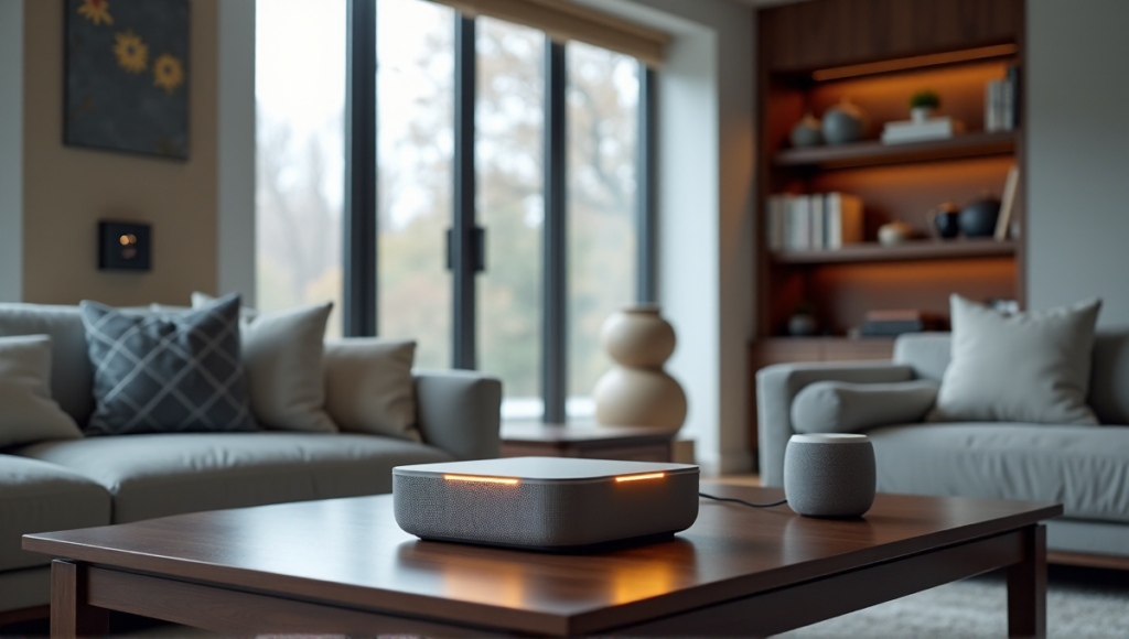 "A modern living room featuring a sleek smart hub, voice-controlled speaker, and automated blinds seamlessly integrated with AI-powered home automation system."