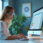 AI-Driven Task Visibility: Unlock Seamless Productivity "A young professional sits at a minimalist desk, poised over her keyboard with hands hovering above keys, surrounded by AI-driven task management features on a high-resolution monitor."