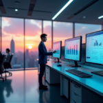 Customer Service AI Solutions: Revolutionizing Efficiency and Experience "A futuristic call center featuring a sleek customer service AI system with high-resolution touchscreen interface and ergonomic workstations, showcasing efficient AI automation solutions in action."
