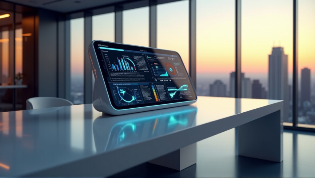 "A sleek, silver marketing console in a modern office, showcasing AI-powered analytics and data visualizations amidst a serene cityscape at dusk."