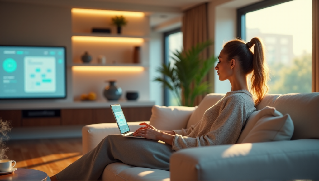 "A serene woman sits on a cream-colored couch in her modern living room surrounded by smart home devices and AI-powered tools, effortlessly navigating digital tasks with AI Automation Solutions."